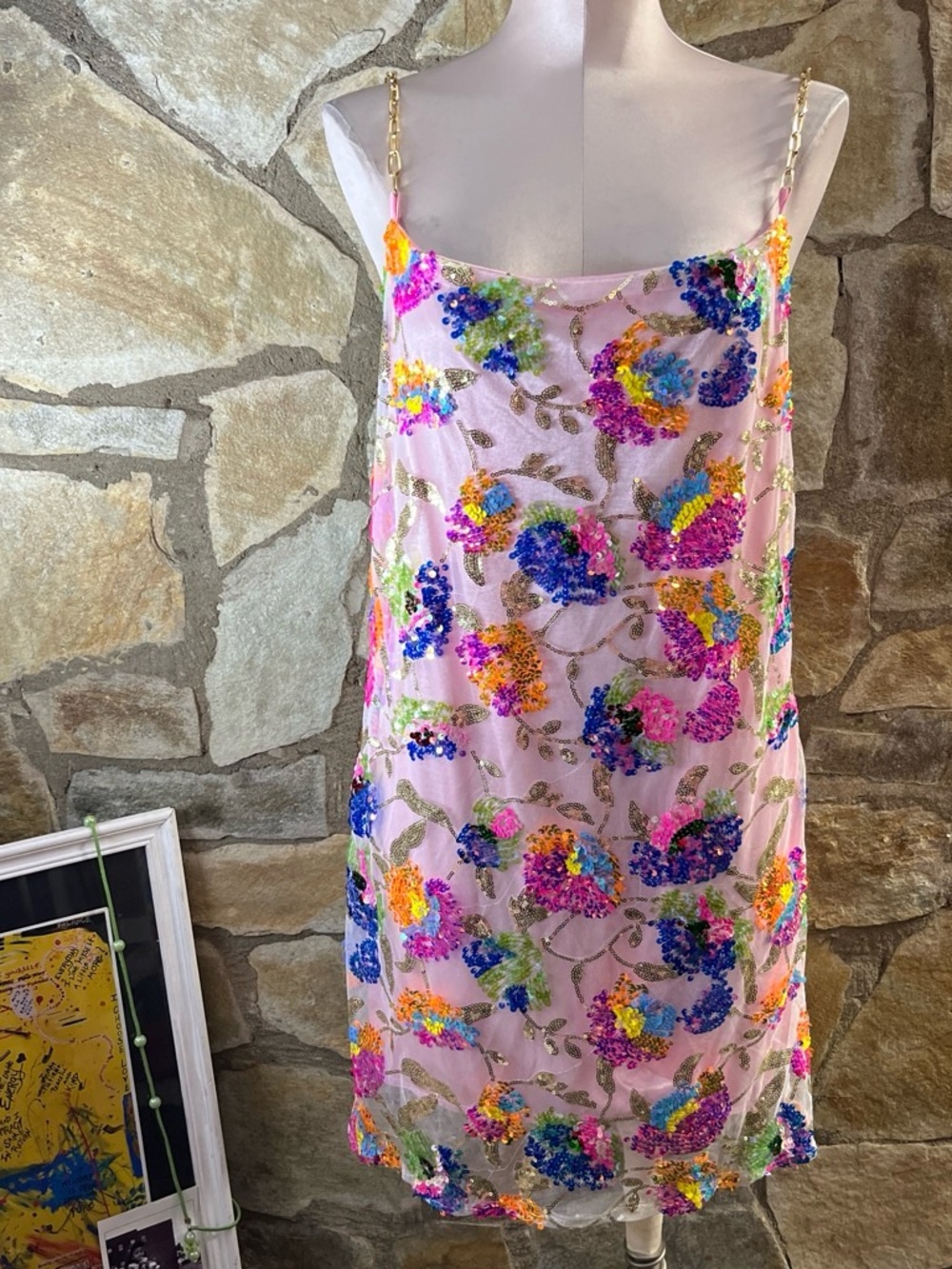 Pink Sequin Floral Mesh Slip Dress Barbiecore Party Dress